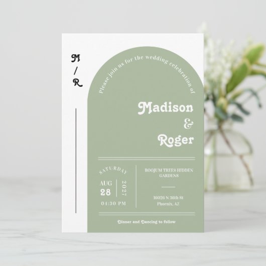 Dusty Green Retro Arch Foto QR Code UAWG Groovy Einladung (Stehend Vorderseite)