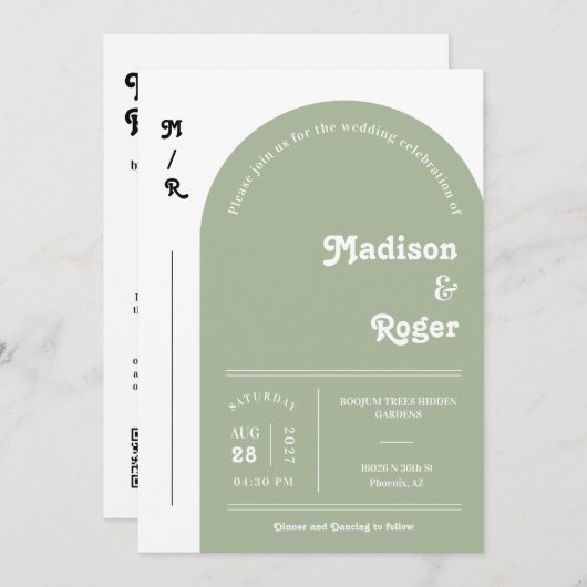 Dusty Green Retro Arch Foto QR Code UAWG Groovy Einladung (Vorne/Hinten)