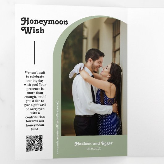 Dusty Green Retro Boho Arch Foto QR Code Wedding Dreifach Gefaltete Einladung (Innen Erste Seite)
