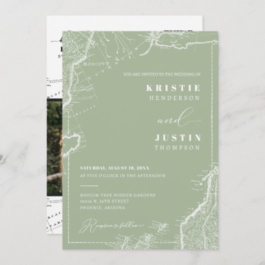 Dusty Green Retro Travel QR Code Foto Hochzeit Einladung (Vorne/Hinten)