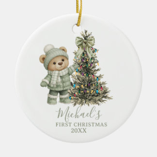 Dusty Green Sage Baby Bear First Christmas Keramik Ornament