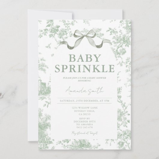 Dusty Green Sage Floral Toile Baby Sprinkle Floral Einladung (Vorderseite)