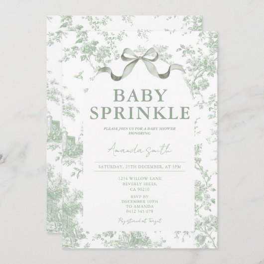 Dusty Green Sage Floral Toile Baby Sprinkle Floral Einladung (Vorne/Hinten)