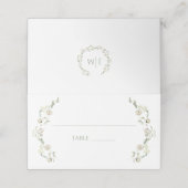 Dusty Green Script White Peony Floral Wedding Platzkarte (Außenseite Aufgefaltet)