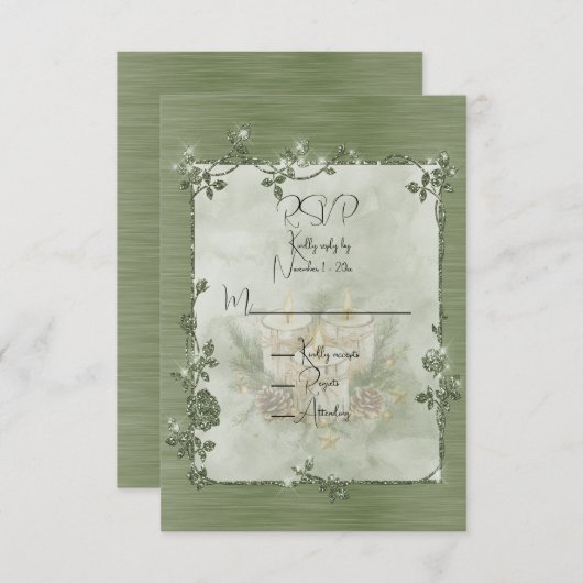 Dusty Green Shiny Elegant Sparkly Frame RSVP Karte (Vorne/Hinten)