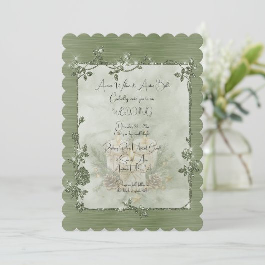Dusty Green Shiny Elegant Sparkly Frame Wedding Einladung (Stehend Vorderseite)