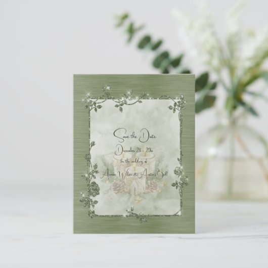 Dusty Green Shiny Elegant Sparkly Save the Date Postkarte (Stehend Vorderseite)