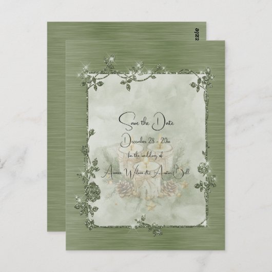 Dusty Green Shiny Elegant Sparkly Save the Date Postkarte (Vorne/Hinten)