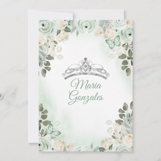 Dusty Green & Silver Mis Quince Floral Quinceañera Einladung (Rückseite)