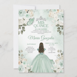 Dusty Green & Silver Mis Quince Floral Quinceañera Einladung