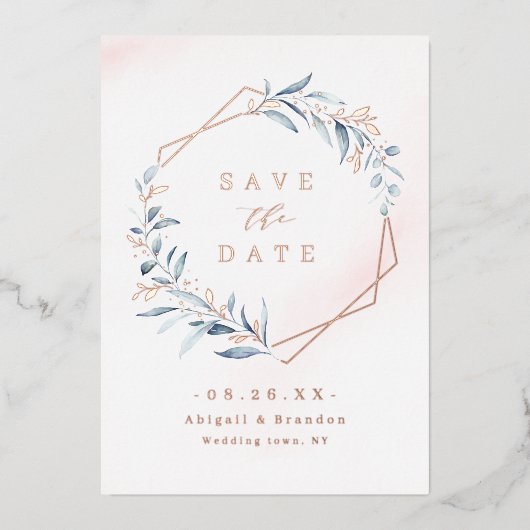 Dusty Greenery Rose Gold Geometric Save the Date Folieneinladung (Vorderseite)