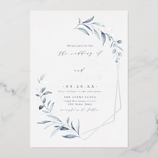 Dusty Greenery Silver Geometric Rustic Wedding Folieneinladung (Vorderseite)