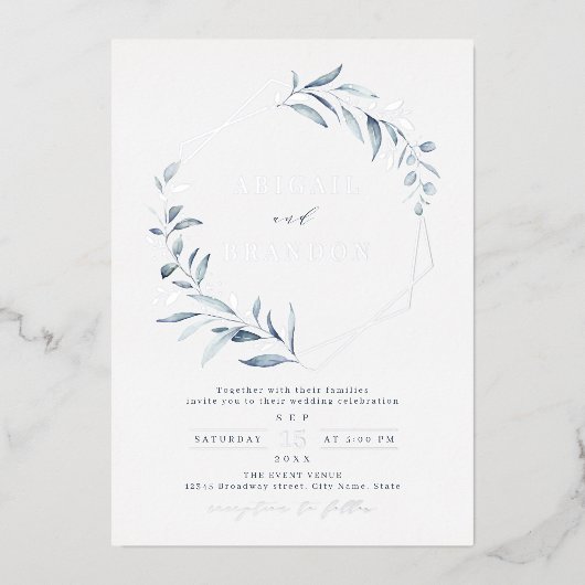 Dusty Greenery Silver Geometric Rustic Wedding Folieneinladung (Vorderseite)