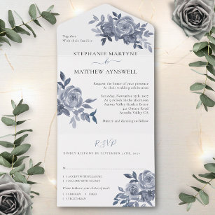 Dusty Grey Floral Rose Foliage Wedding All In One Einladung