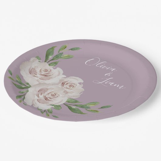 Dusty Lavender Floral Elegante Script Wedding Pappteller (Schrägansicht)