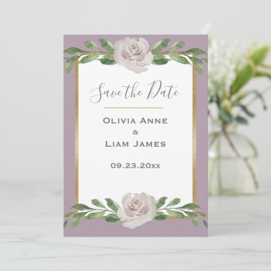 Dusty Lavender Floral Elegante Script Wedding Save The Date (Stehend Vorderseite)