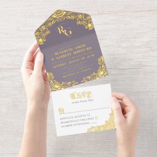Dusty Lavender Gold Foil Rose Monogramm All-in-One-Einladung (Abreißstreifen)