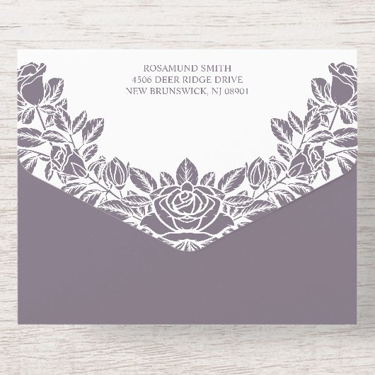 Dusty Lavender Gold Foil Rose Monogramm All-in-One-Einladung (Rückseite)