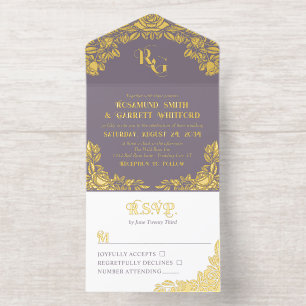 Dusty Lavender Gold Foil Rose Monogramm All-in-One-Einladung