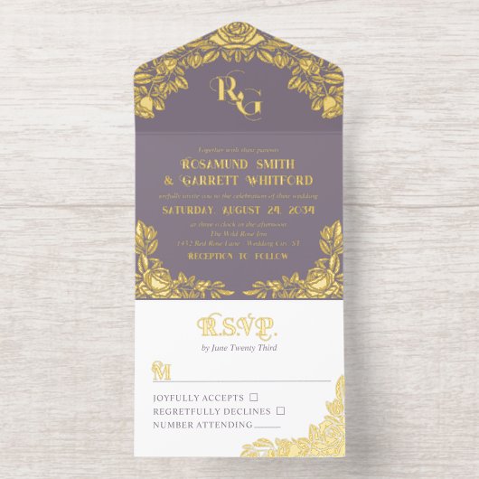 Dusty Lavender Gold Foil Rose Monogramm All-in-One-Einladung (Innenseite)