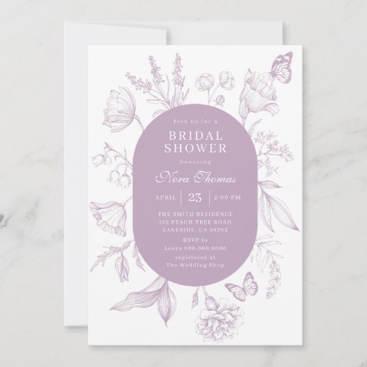 Dusty Lavender Line Art Floral Brautparty Einladung (Vorderseite)