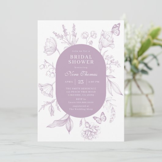 Dusty Lavender Line Art Floral Brautparty Einladung (Stehend Vorderseite)