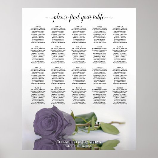 Dusty Lavender Rose 20 Table Wedding Seating Chart Poster (Vorne)