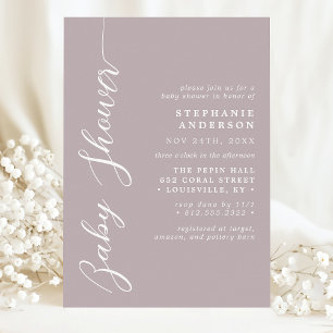 Dusty Lavender Simple Modern Script Baby Dusche Einladung