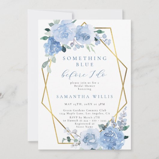 Dusty Light Blue Floral Gold Brautparty Einladung (Vorderseite)