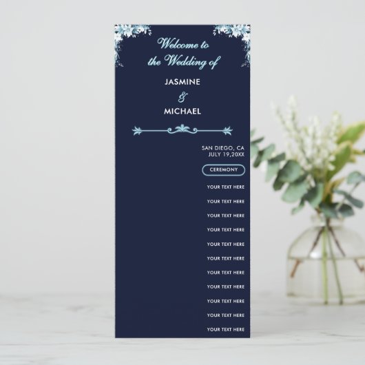 Dusty Light Blue Floral Navy Boho Hochzeitsprogram (Stehend Vorderseite)