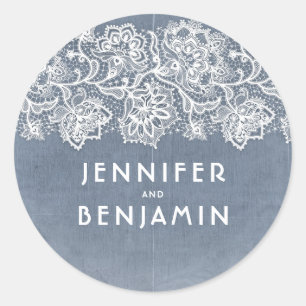 Dusty Light Blue und White Lace Vintage Wedding Runder Aufkleber