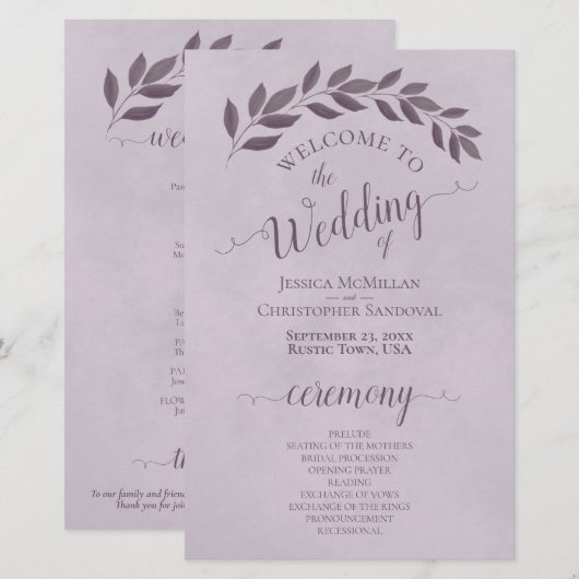 Dusty Lila Blätter Budget Hochzeitsprogramm (Vorne/Hinten)