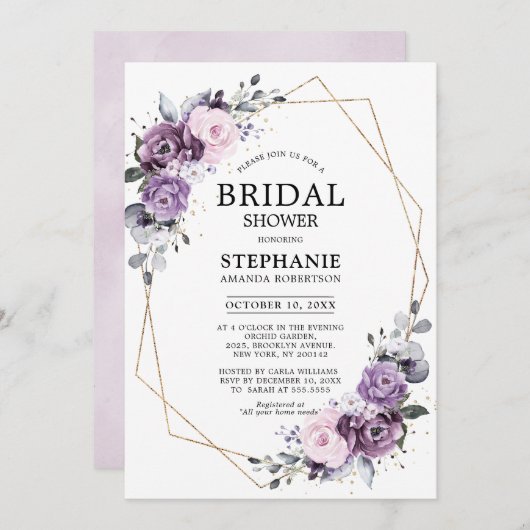 Dusty Lila Blooms Geometric Brautparty Invita Einladung (Vorne/Hinten)