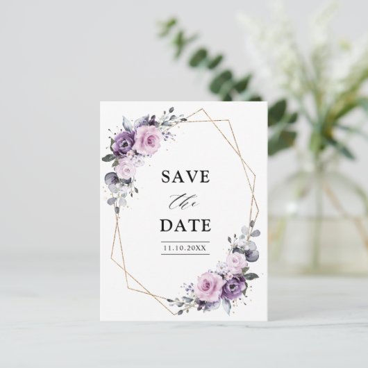 Dusty Lila Blooms Geometric Save the Date Postkarte (Stehend Vorderseite)