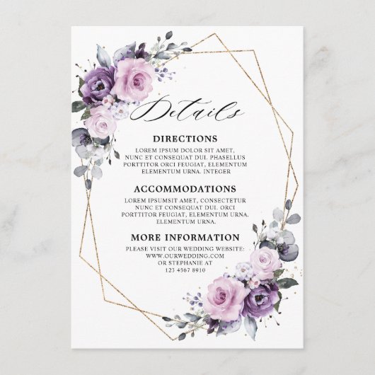 Dusty Lila Blooms Geometric Wedding Details Begleitkarte (Vorderseite)