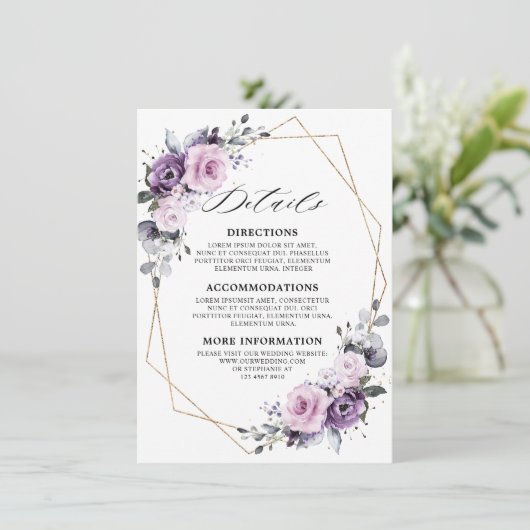Dusty Lila Blooms Geometric Wedding Details Begleitkarte (Stehend Vorderseite)