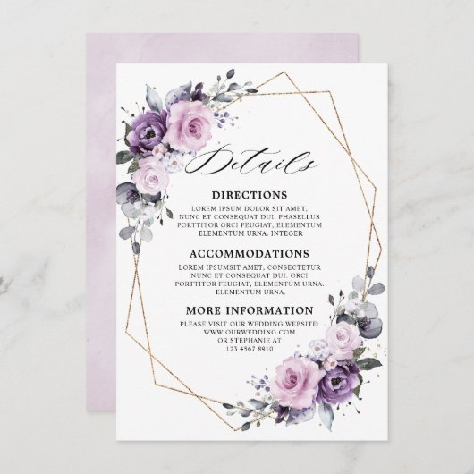 Dusty Lila Blooms Geometric Wedding Details Begleitkarte (Vorne/Hinten)