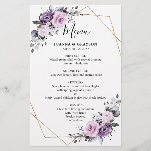 Dusty Lila Blooms Geometric Wedding Menu (Vorderseite)