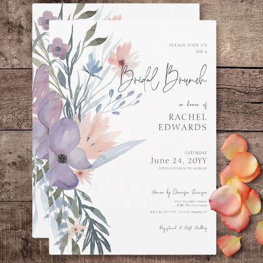 Dusty Lila & Blue Boho Floral Bridal Brunch Einladung