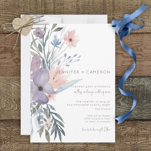 Dusty Lila & Blue Boho Floral Wedding Einladung