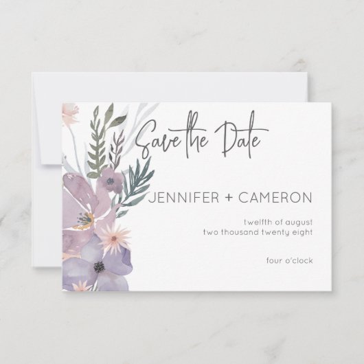 Dusty Lila & Blue Boho Floral Wedding Save The Date (Vorderseite)