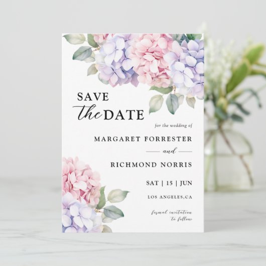Dusty Lila & Blush Pink Hydrangea Save the Date Einladung (Stehend Vorderseite)