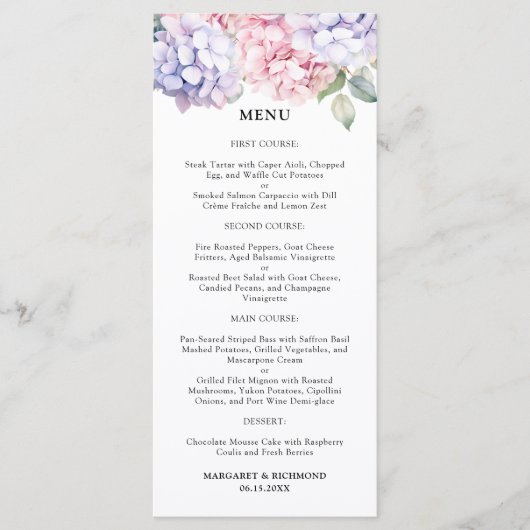 Dusty Lila & Blush Pink Hydrangea Wedding Menu Menükarte (Vorderseite)