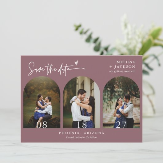 Dusty Lila Boho Arch Foto QR-Code Save the Date Einladung (Stehend Vorderseite)