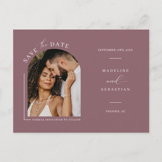 Dusty Lila Boho Arch Foto QR-Code Save the Date Postkarte (Vorderseite)