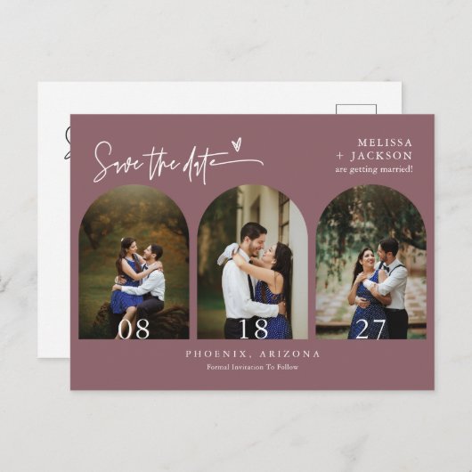 Dusty Lila Boho Arch Foto QR-Code Save the Date Postkarte (Vorne/Hinten)