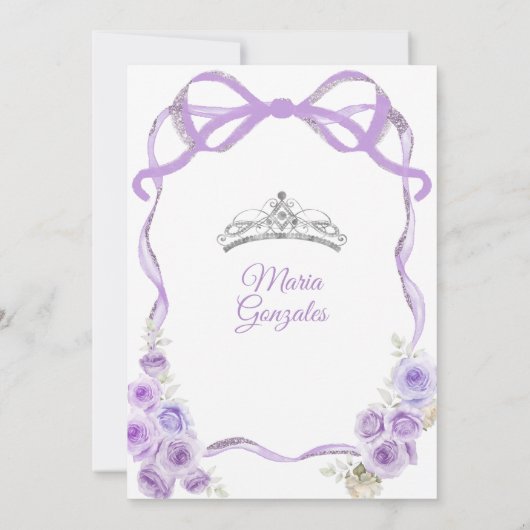 Dusty Lila Bow Prinzessin Silver Crown Quinceañera Einladung (Rückseite)