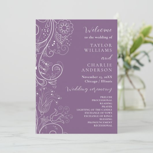 Dusty Lila Elegant Floral Wedding Program Programm (Stehend Vorderseite)