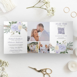 Dusty Lila Floral All in One QR Code Wedding Dreifach Gefaltete Einladung