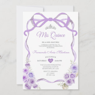 Dusty Lila Floral Bow Ribbon Silver Mis Quince Einladung
